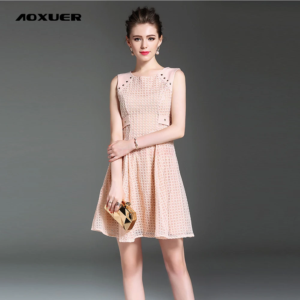 AOXUER Summer New Elegant Pink Lace Dress Women Sleeveless Fashion Casual Slim Short Office Dresses Vestidos Cortos Robe B288 | Женская