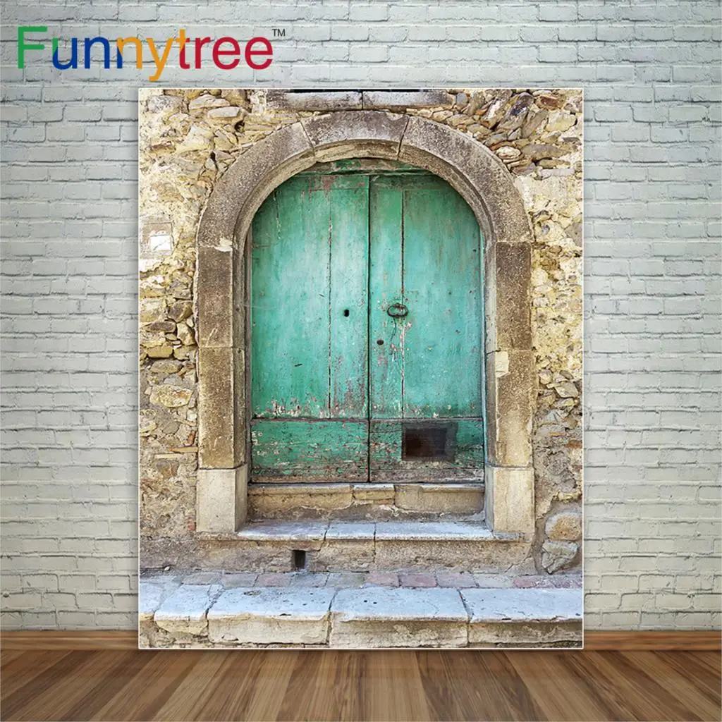 Фон для фотосъемки Funnytree, голубая деревянная дверь, встроенная в цементную дверь, Фотофон для студии