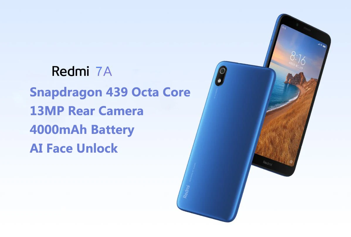 Встроенная память Xiaomi Redmi 7A, 3 Гб оперативной памяти, Оперативная память 32GB Встроенная память Snapdragon 632 Octa Core 62" 19,9 Экран 12MP двойной Камера 4000 мА-ч