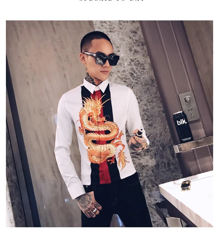 Роскошные сплайсированные ночной клуб смокинг модное платье рубашка Camisa Hombre Slim Fit рубашка Мужская Уличная с принтом дракона Мужская рубашка мужские рубашки