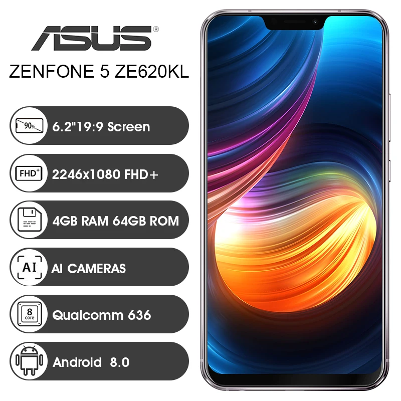 Глобальная версия ASUS ZenFone 5 ZE620KL телефон 6," 19:9 FHD+ экран Android 8,0 Qualcomm Snapdragon 636 4 Гб 64 Гб 4G Смартфон NFC