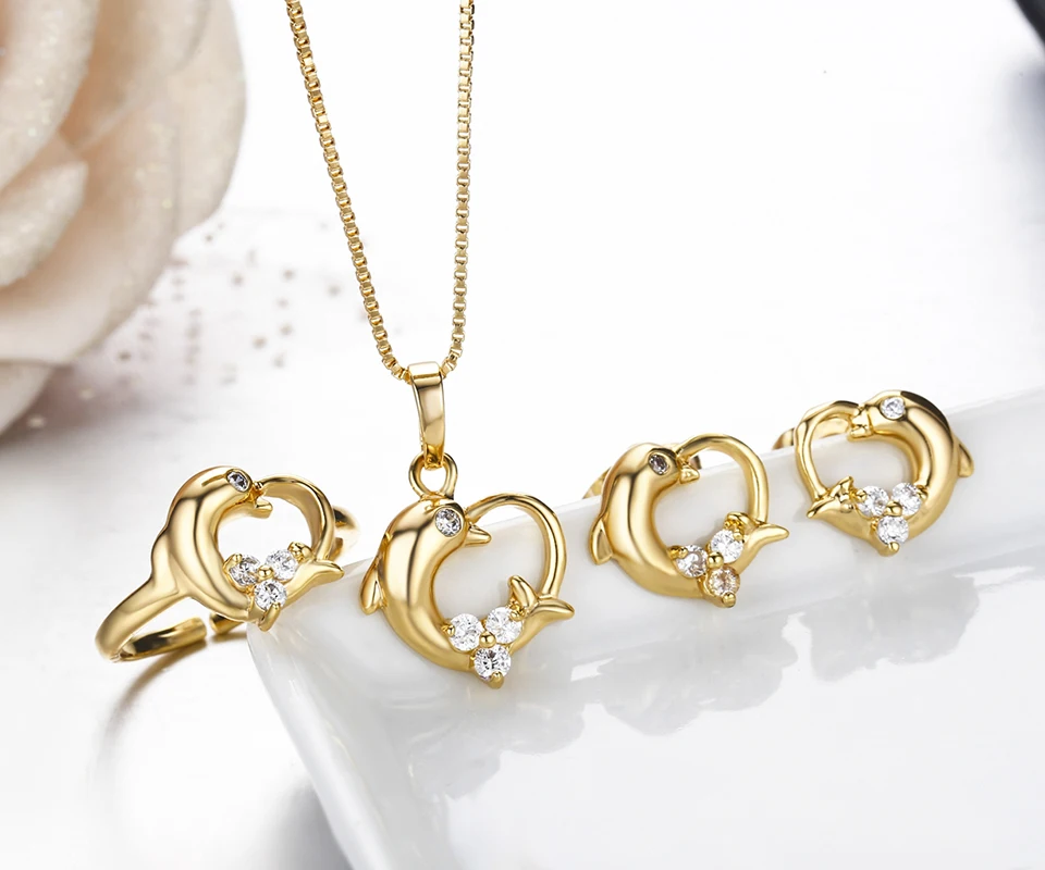 Children Girls Baby Kids Jewelry Sets Yellow Gold Color Dolphin Heart Charm Pendant Necklace Stud Earrings Ring Festa Jewellery|jewelry sets|kids