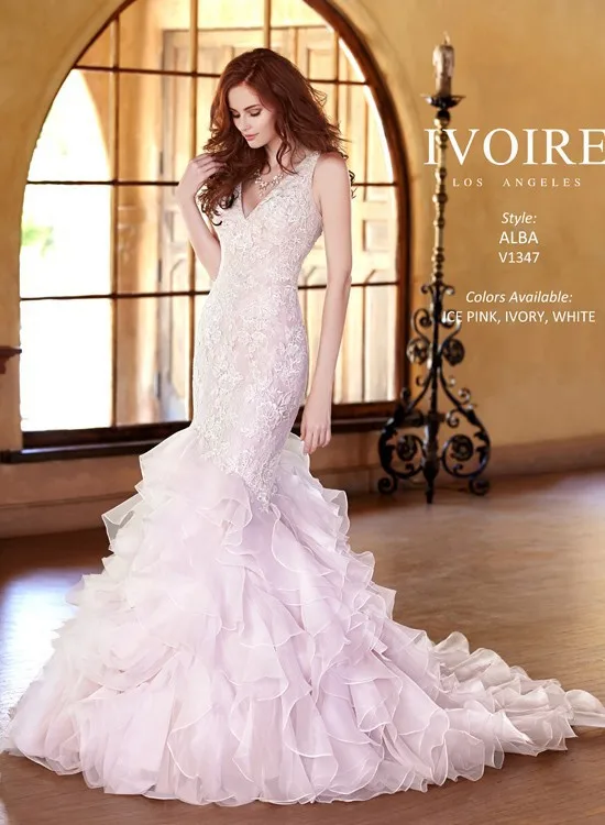 Elegant Sexy V-Neck Lace Top Backless Bridal Gown New Elie saab wedding dress 2015 Mermaid Plus Size Light Pink Wedding Dresses | Свадьбы и