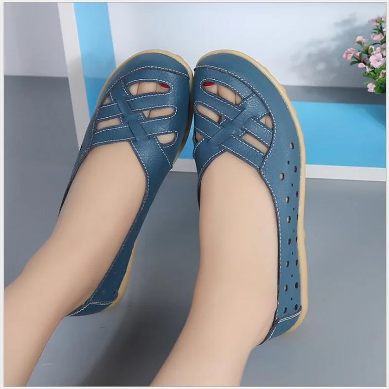 2021 Summer New Fashion Round Toe Women Flats Genuine Leather Loafers Shoes Cut-outs Leisure Flat Woman Casual Shoes