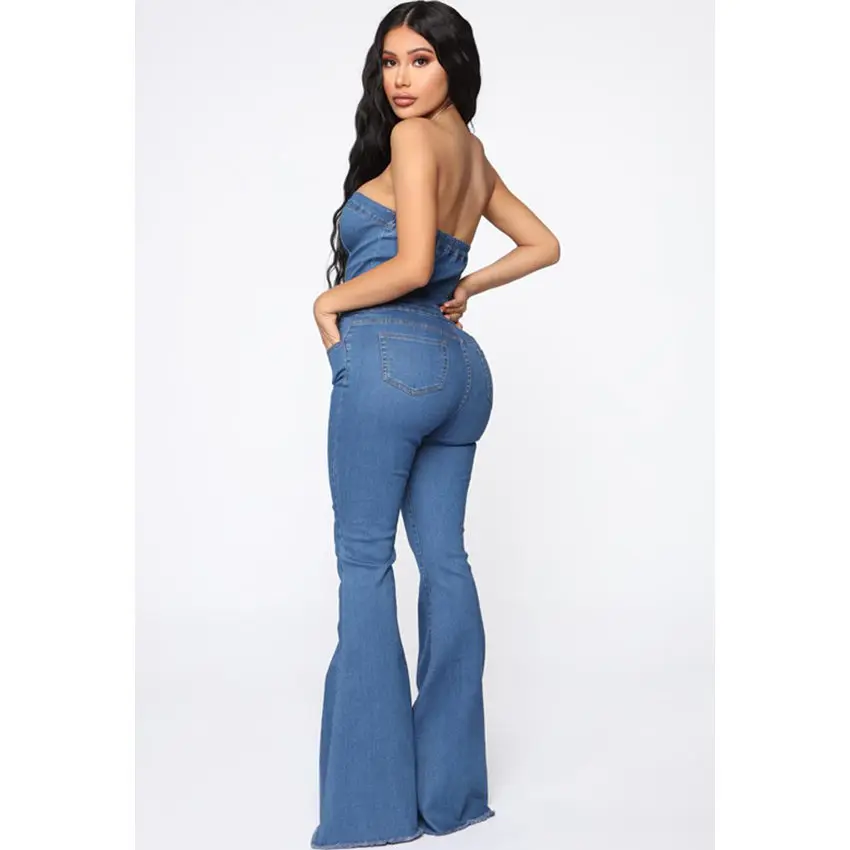 Wjustforu Strapless Sexy Denim Jumpsuit Women Off Shoulder Botton Jeans Wide Leg Bodysuit Female Bodycon Casual Overalls Vestido | Женская