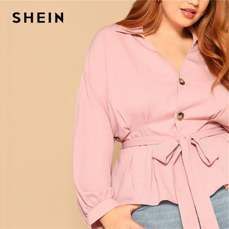 SHEIN, женская блузка размера плюс, розовая, с поясом, на пуговицах, с баской спереди, весенняя, с длинным рукавом, с отложным воротником, одноцветная, элегантная, для девушек, топы
