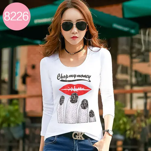 8226 White Новинка, Женская Весенняя уличная Модная белая футболка с круглым вырезом и длинным рукавом с модным принтом, топы, женские повседневные стразы, футболки - Цвет: 8226 White