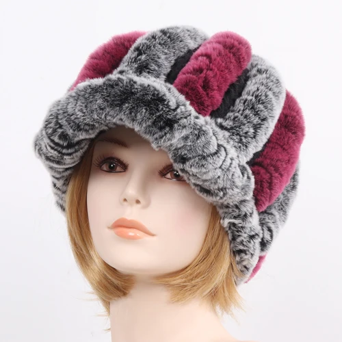 grey and grape Новые женские вязаные Настоящий мех кролика Полосатые Шляпы зимние теплые цветочные шапки из натурального меха женские шапки из натурального меха оптом и в розницу - Цвет: grey and grape