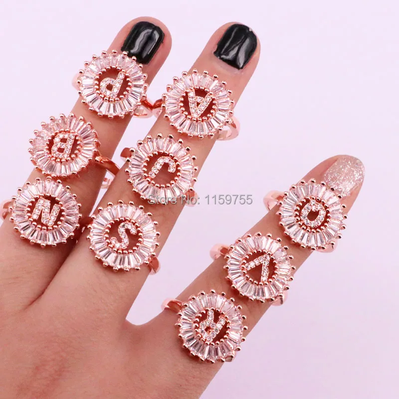 

10Pcs Rose Gold Micro Paved Shiny Crystal Cz Letter Ring Fashion Women Jewelry Gift