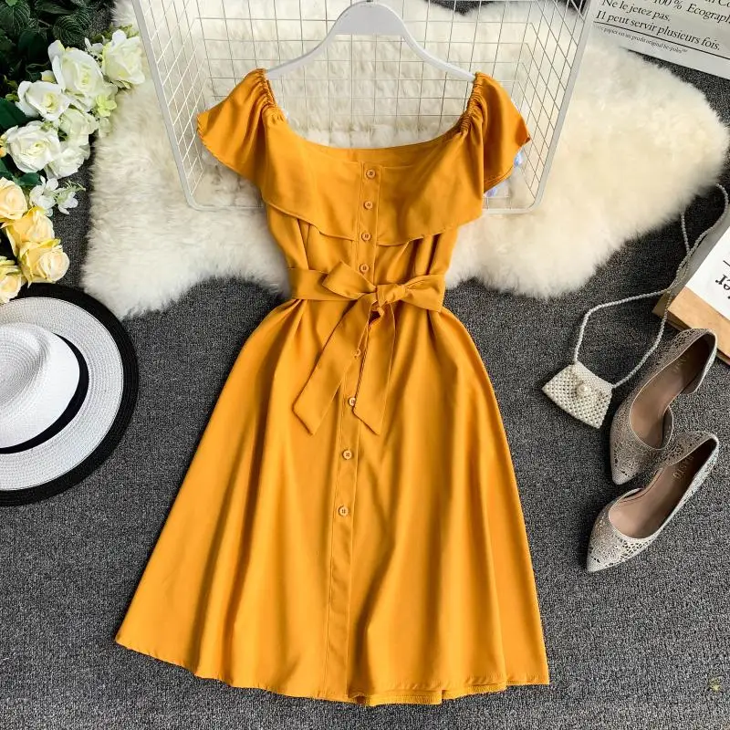 Summer lotus leaf collar single-breasted pocket waist strap dress 2019 new fashion women's adult clothing | Женская одежда