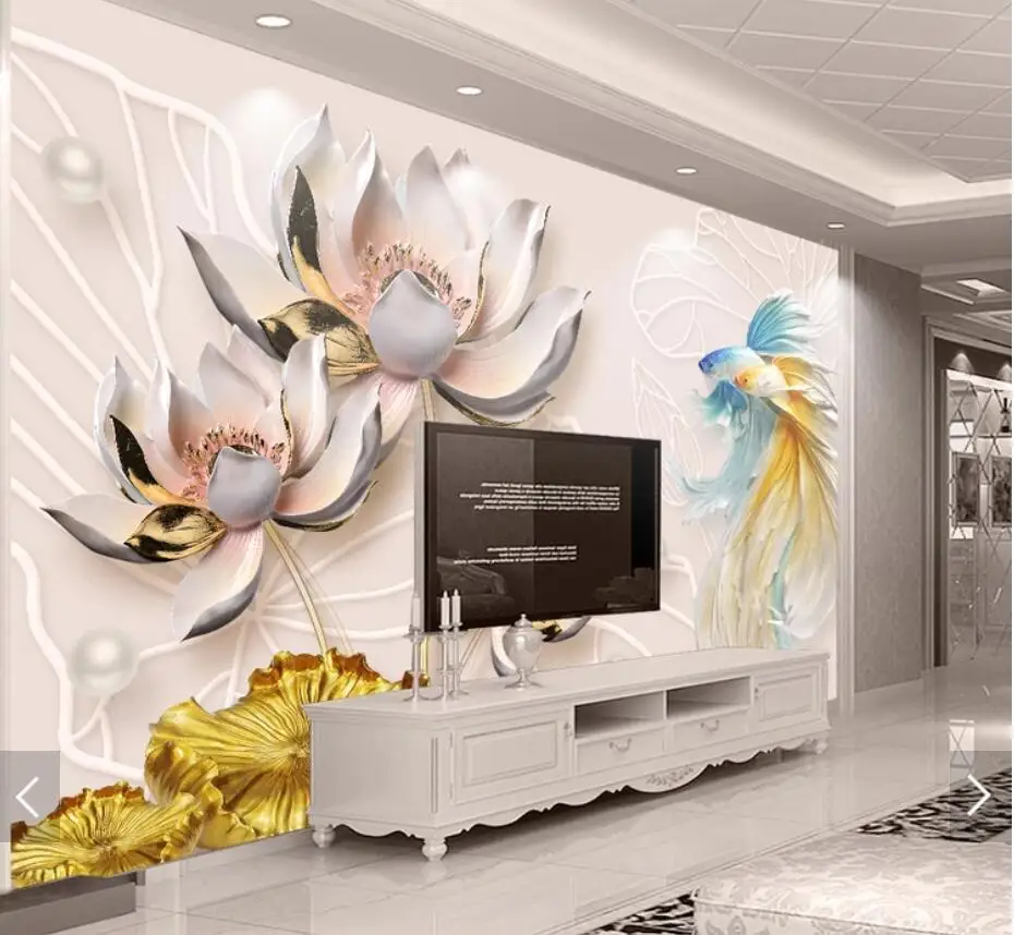 

3D Embossed Fish Waterlily Flower Wallpaper Mural Murals Decals for Living Room Bedroom Hand Painting Photo Animal Wallpapers