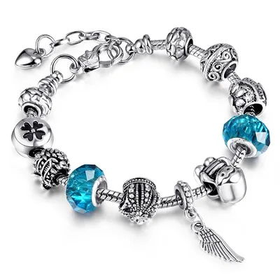Женский браслет pandora с подвеской из серебра синего фиолетового розового