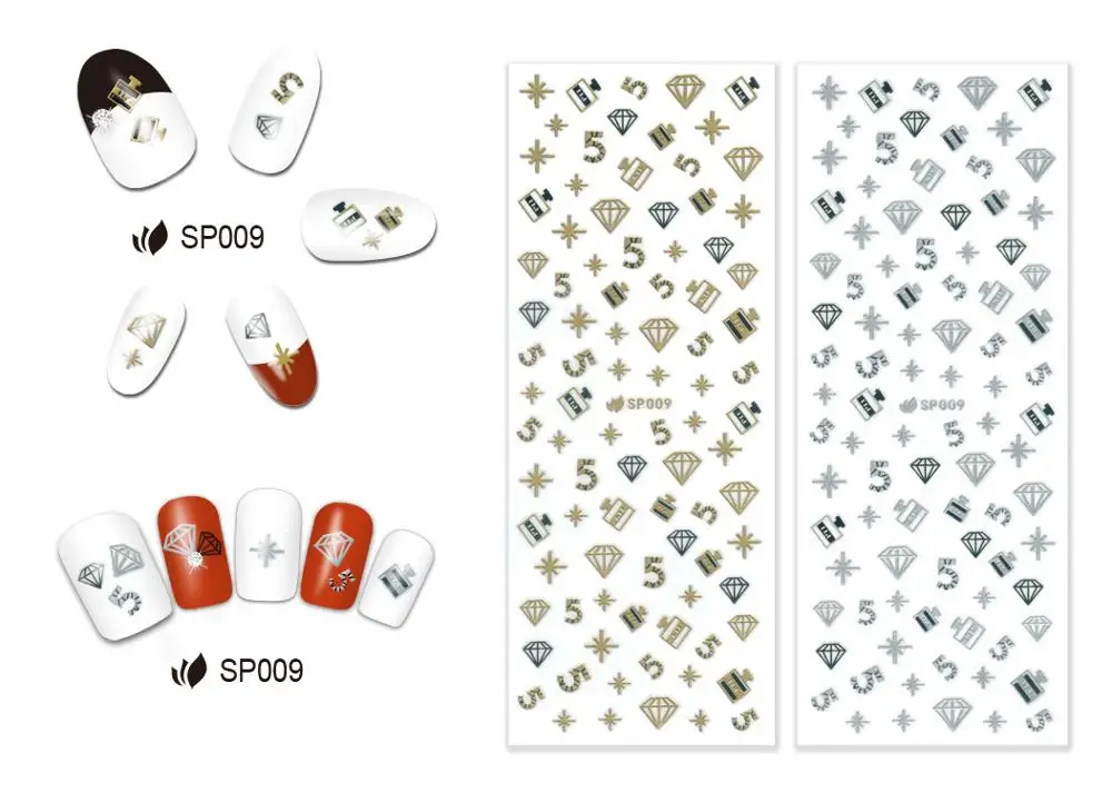 SP009 GOLD SILVER 2 шт./партия самоклеящаяся 3D наклейка для ногтей металлическая Металлическая черная Золотая серебряное колесо гаечный ключ Алмазный раковины сладкое сердце SP01-12 - Цвет: SP009 GOLD SILVER