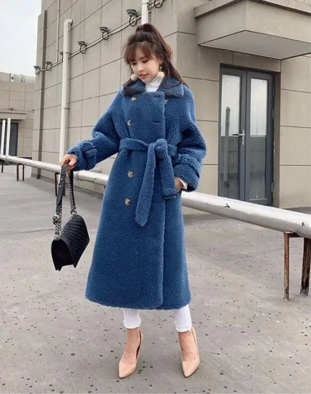 Зимняя женская Настоящая оторочка из овечьей шерсти, пальто, женская негабаритная Толстая теплая верхняя одежда из натурального овечьего меха, пальто с поясом K294