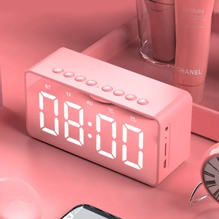 Розовый Bluetooth часы динамиков радио-будильник светодиодный динамик с подсветкой зеркало Дисплей Поддержка Aux TF карты с микрофоном для офиса Home Decor - Цвет: Розовый