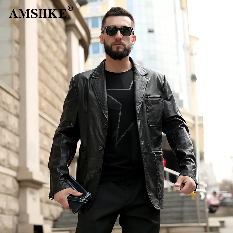 AMSIIKE Мужской Кожаный Пиджак С Английским Воротником A51087 | Мужская одежда