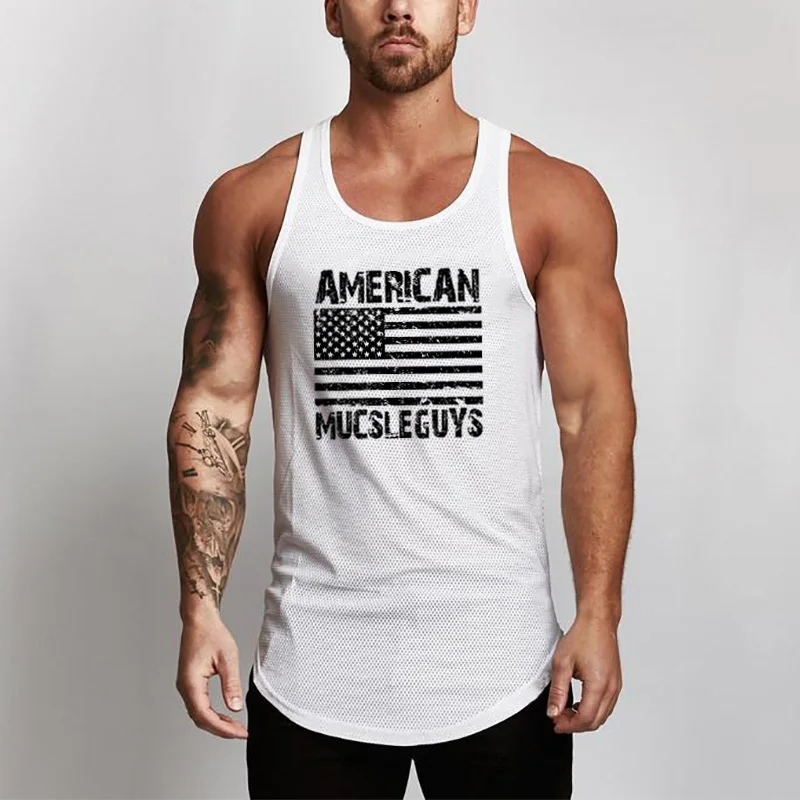 

Mens American Flag Cotton Summer Bodybuilding Fitness Tank Tops For Men New Mesh Active Muscle Guys Sleeveless Shirts Vests