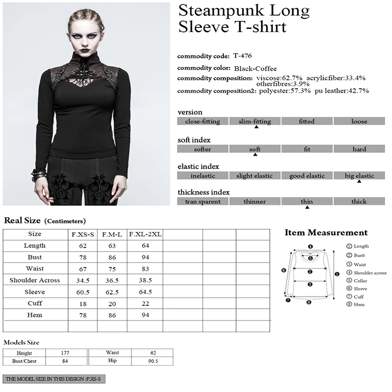 Punk Rave New Fashion Women's Black Visual Kei Gothic Steampunk Long Sleeve T-shirt | Женская одежда