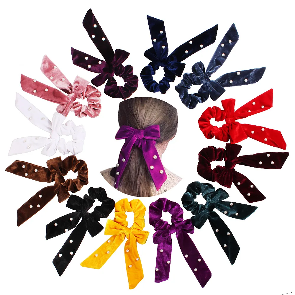 

Velvet Pearls Scrunchies Solid Bowknot Scrunchy Elastic Hair Bands Rubber Hair Ties Women Ponytail Holder Girls Hair Accessories