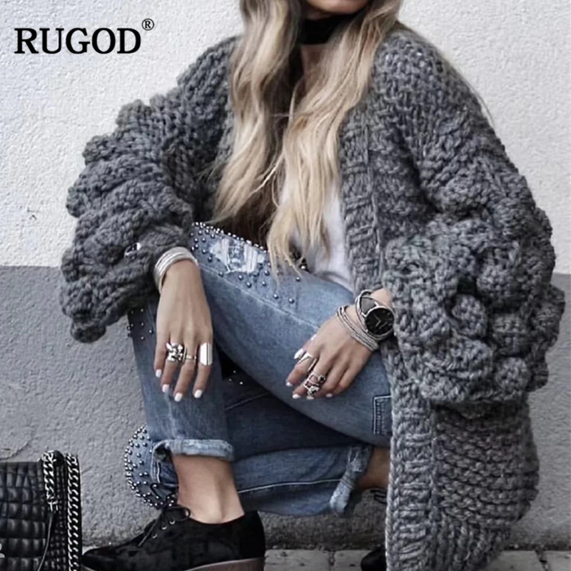 Новинка Свободный кардиган ручного вязания с рукавами фонариками RUGOD женский