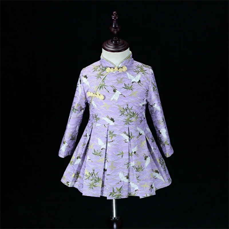 

Autumn Winter mother and daughter dress girls cotton bronzing crane pleated skirt mom baby cheongsam clothes family look outfits