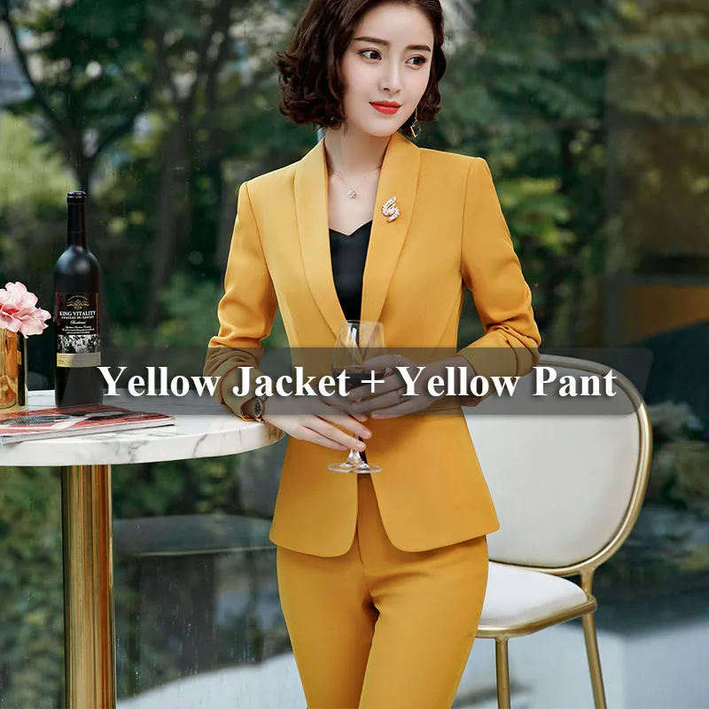 Yellow Pant Suits Lenshin комплект из 2 предметов, прямой и гладкий деловой костюм с шалевым воротником и штанами, Офисная форма для женщин, одежда для работы в деловом стиле - Цвет: Yellow Pant Suits