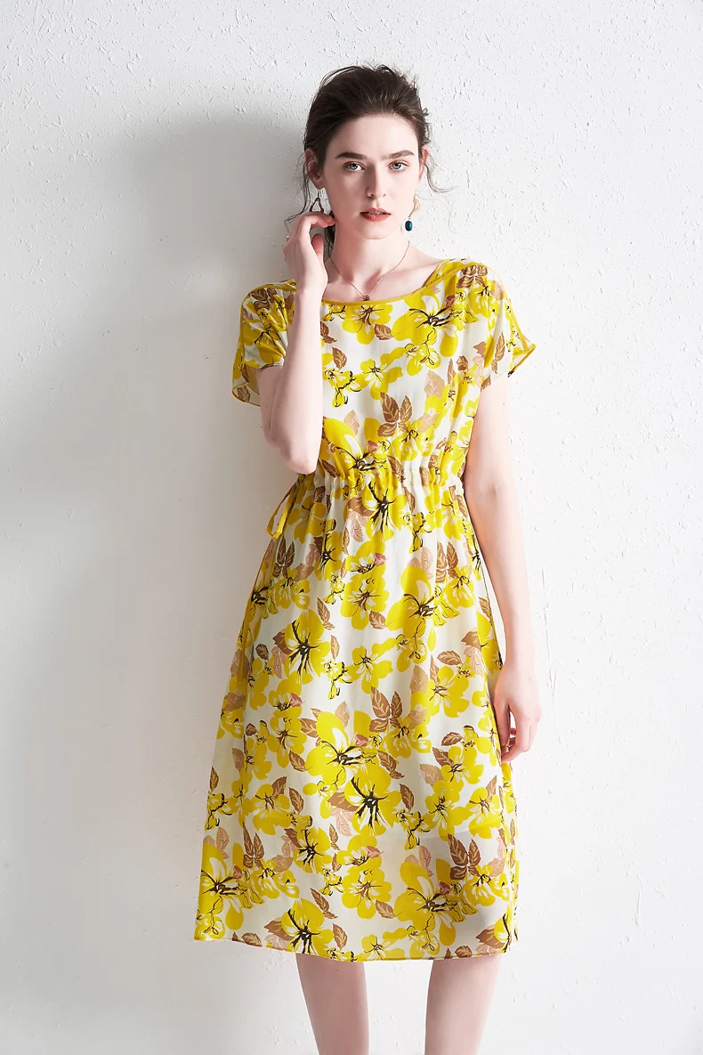 Женские модельные платья 100% шелк модные летние с круглым вырезом короткими