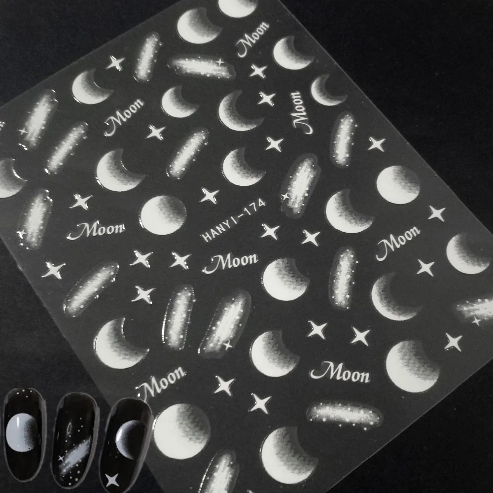 

Newest HANYI-174 moon design 3d nail stickers back glue nail decals template Japan style DIY decorations tools
