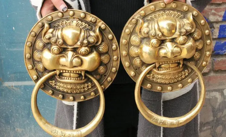 21cm China Brass Dragon Fu Foo Dog Guardion Lion Head Mask Door Knocker Statue Pair | Statues &amp Sculptures