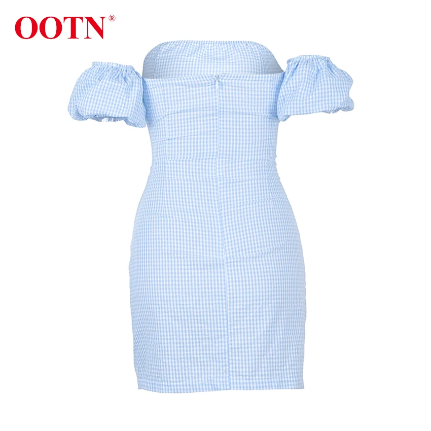 OOTN голубое белое клетчатое летнее платье с открытой спиной для женщин с высокой талией, со шнуровкой, с открытыми плечами, облегающее платье, сексуальный пляжный короткий сарафан для женщин