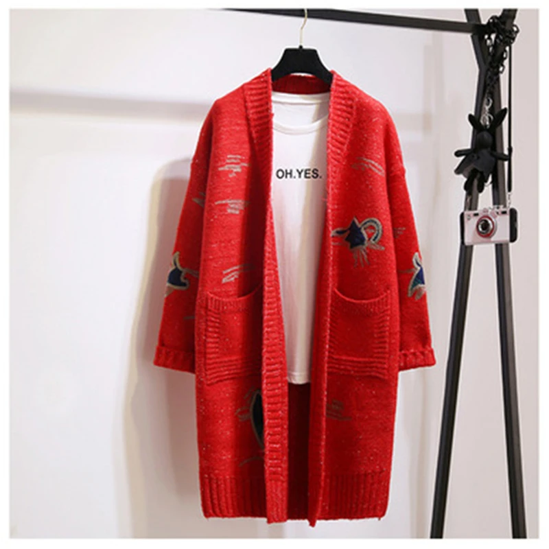 2018 Autumn Winter Big Size Women Cardigan Casual Embroidery Long Outerwear Spring Large Female Wool Knit cardigan Coat |