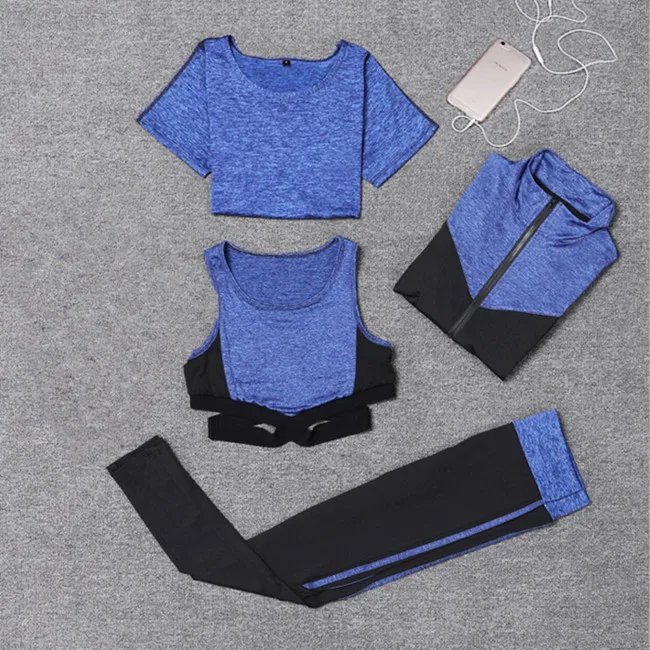 4 piece set c Брюки с высокой талией+ шорты+ сексуальный бюстгальтер+ футболка+ пальто для женщин, комплект из 5 предметов, Быстросохнущий костюм для йоги, одежда для фитнеса, тренажерного зала, спортивные комплекты для бега - Цвет: 4 piece set c