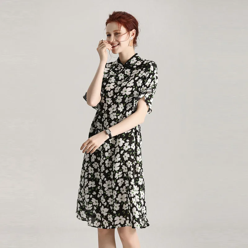 Женское платье Qipao летнее из 100% натурального шелка с цветочным принтом и