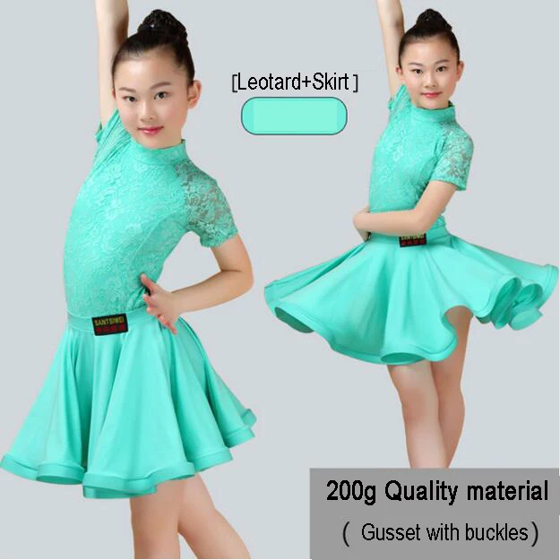 Lt blue Short Sleeve Новинка; юбка для латинских танцев для девочек; юбки для бальных танцев, сальсы, танго; детское кружевное платье с разрезом для латинских танцев; трико и юбка - Цвет: Lt blue Short Sleeve