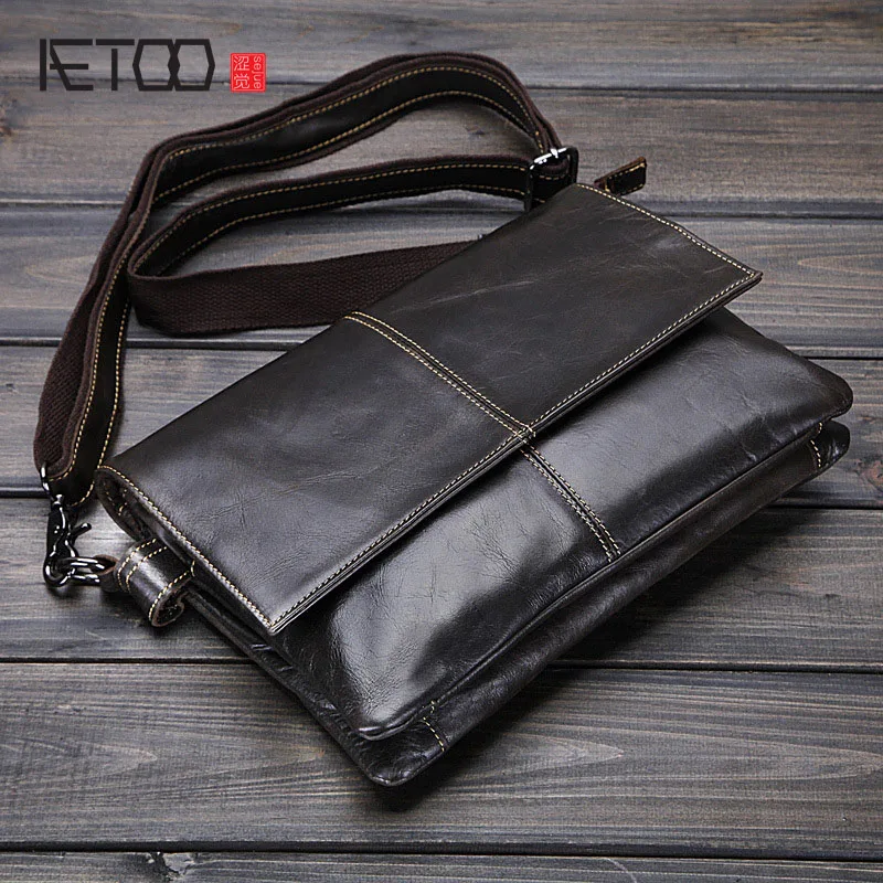 

AETOO new men's bags Leather envelope bags business men's single shoulder inclined shoulder bag Wax oil skin file his briefcase