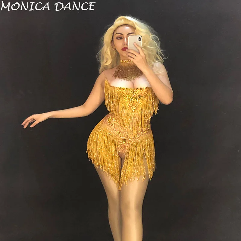 Women Sexy Gold Fringes Dance Bodysuit Female Birthday Celebrate Tassel Leotard Outfit Singer Dancer Fashion Stretch Bodysuit