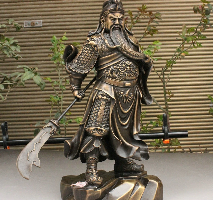 SCY Китайский Чистая Бронза Медь Голова Дракона Воин GuanGong GuanYu Держите Меч Статуя |