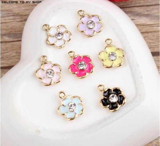 

New arrived Rhonestone Core decoration Solid Alloy drop oil gold tone plated flowers shape jewelry charms diy earring pendants