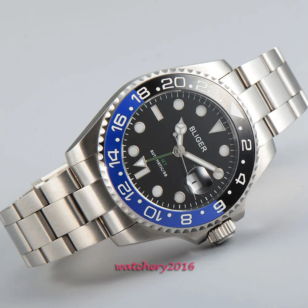 Мужские автоматические механические часы Bliger GMT черный циферблат 43 мм с