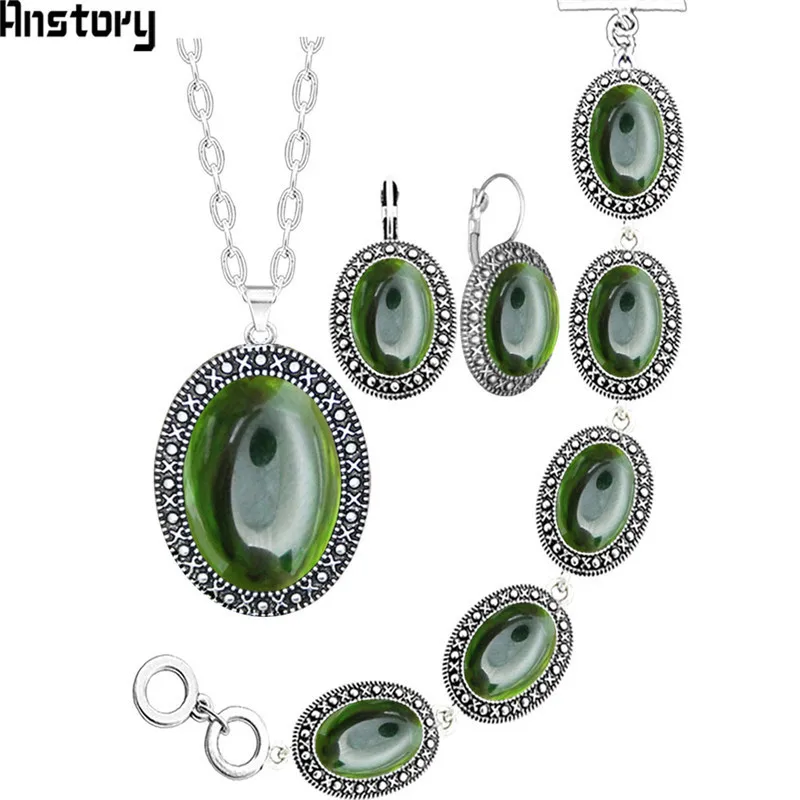 Oval Transparent Crystal Jewelry Set Antique Silver Plated Necklace Earrings Bracelet Fashion TS416|Ювелирные наборы| |