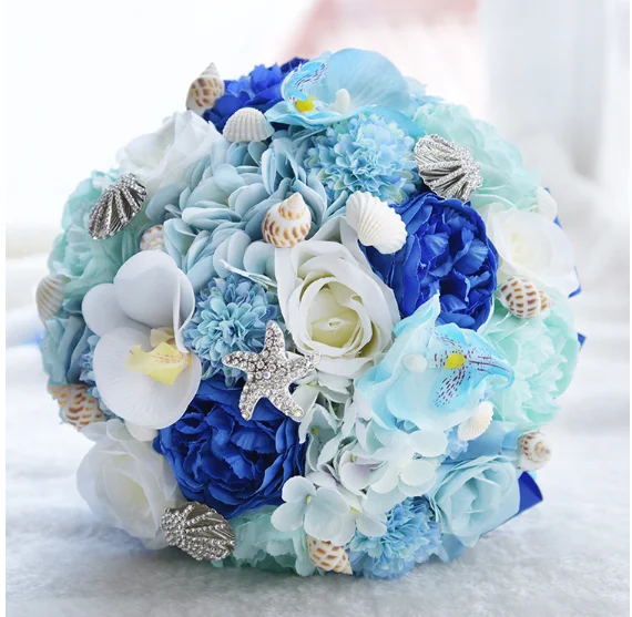 Ozean Blau 2019 Neue Braut Hochzeit Bouquet Künstliche Seide Rose Blumen Strand Braut Ehe Brautjungfer Handholds Bling Starfish