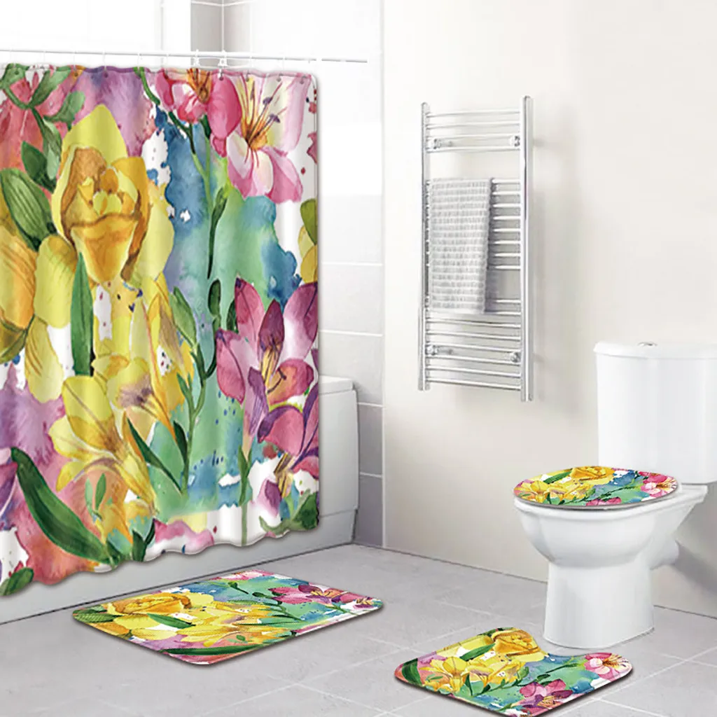 Коврики для ванной набор ковров 4 шт. цветочный принт маленькие свежие занавески