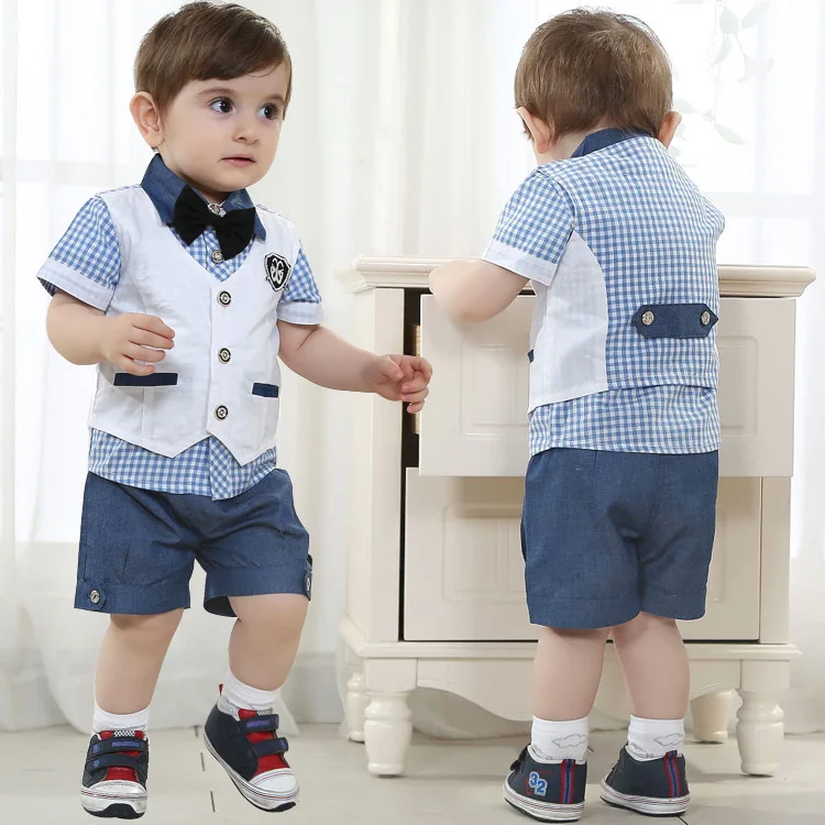 

Baby Boy Summer Gentleman Style Fashion Clothing Set Plaid Shirts + Vest Coat + Shorts 3pcs Kids Boys Handsome Suits