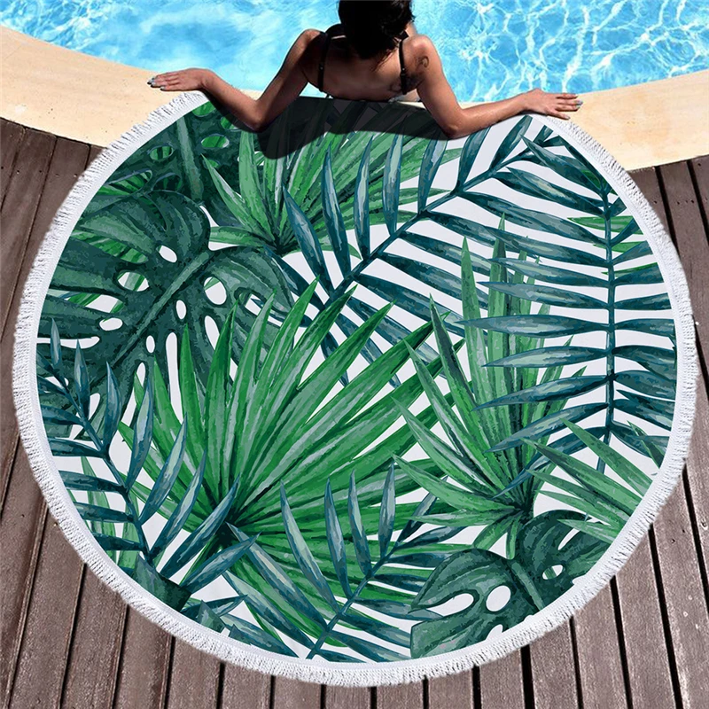 

150CM Tropical Plants Microfiber 3D Print Beach Towel for Adult Yoga Mat Tassel Blanket Round Towel Tapestry Home Decor