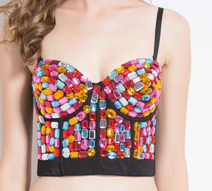 Multi Summer Festival Party Club Stage Women Rhinestone Pearls Bustier Crop Top Bandage corset Off Shoulder Spaghetti Cropped Tee Slim - Color: Multi
