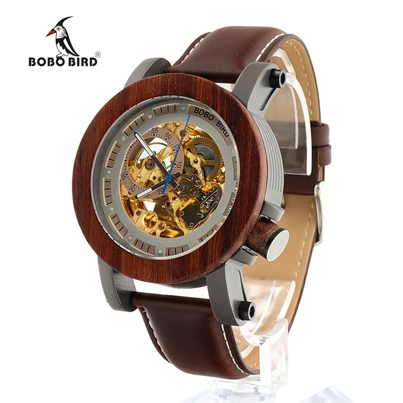 BOBO BIRD Luxury Brand Men's Mechanical Watches  Genuine Leather Strap Wrist Watch relogio masculino Wooden Watch BoxesC- K12