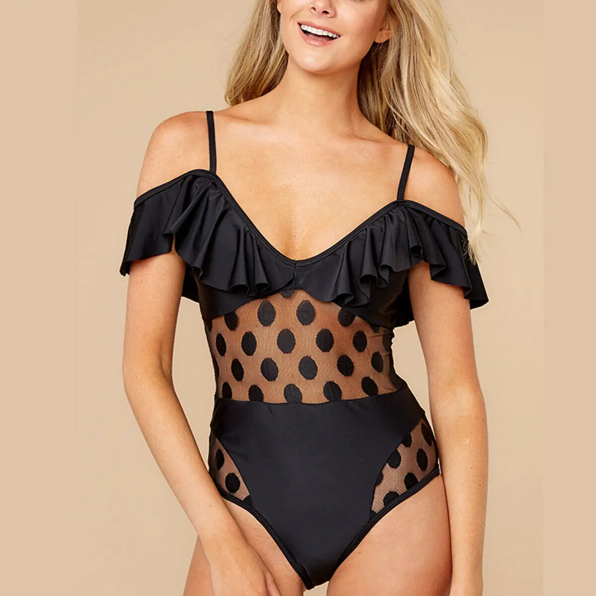 Новинка женский купальник с открытыми плечами в горошек сеткой пэчворк один