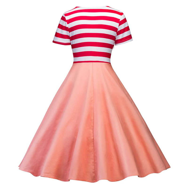 Женское винтажное платье в полоску с коротким рукавом и V образным вырезом|dress