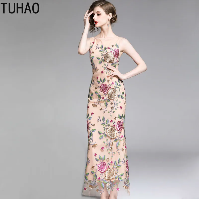 

TUHAO Summer Long Mesh Dresses Woman's Fashion Embroidery Slim Sexy Vestidos European Sleeveless Casual Party Maxi Dress T6531