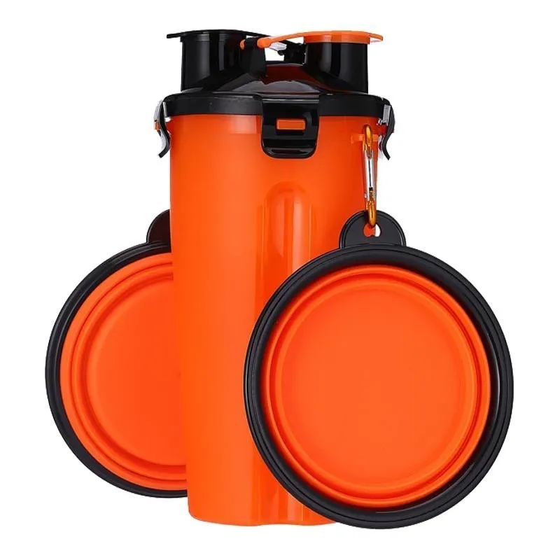 orange Дорожная Бутылка Для Кормления Собаки 2 в 1 ABS для воды, еды двойного назначения, складная миска для домашних животных, для кошек, на открытом воздухе, удобная для переноски бутылка для дрессировки собак - Цвет: orange